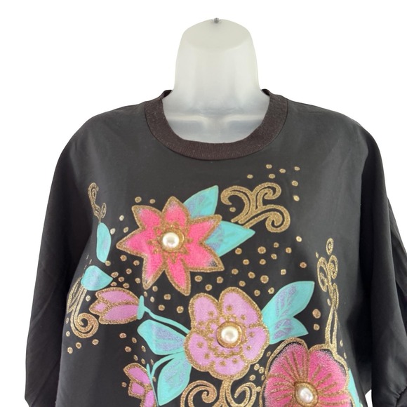 Vintage‎ Sassy Phillips Sweatshirt Womens Medium Black Dolman Floral Pearl 80s - Picture 9 of 16